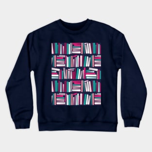 Colourful books // oxford navy blue bookshelf background teal white fuchsia carissma and pastel pink books Crewneck Sweatshirt